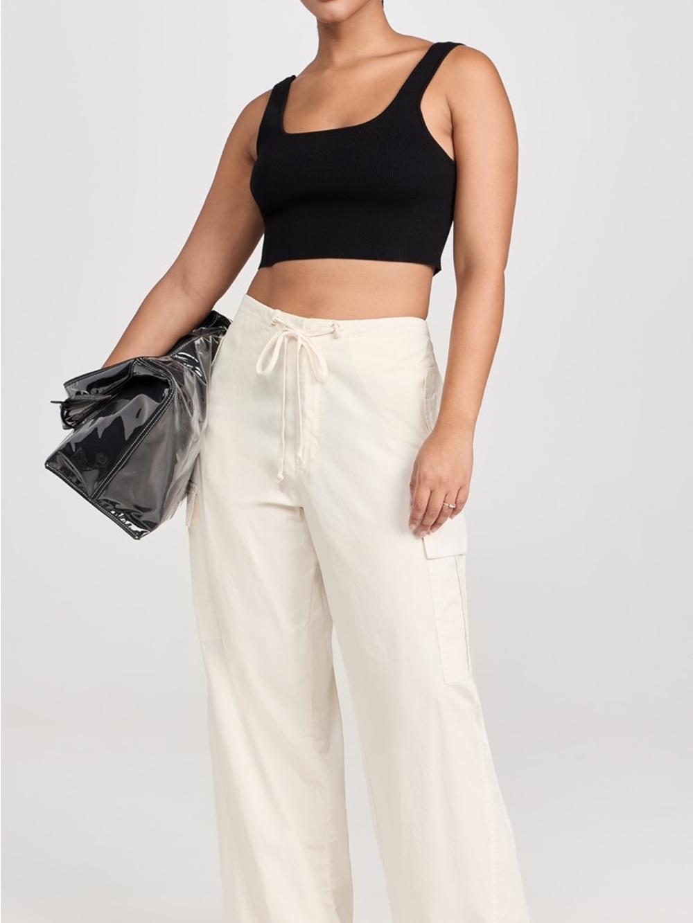 Good American Parachute Pants Drawstring Cargo Pants in Cream